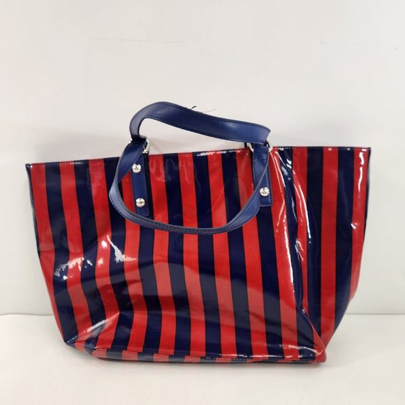 DKNY Striped Tote Red Blue Donna Karan New York Purse Bag Vinyl - Picture 4 of 14